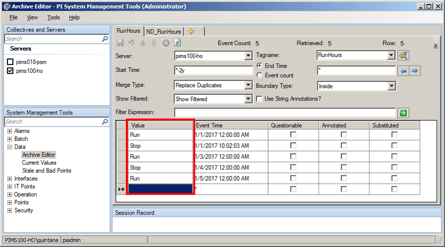 Figure 634: PI Tag Data – RunHours