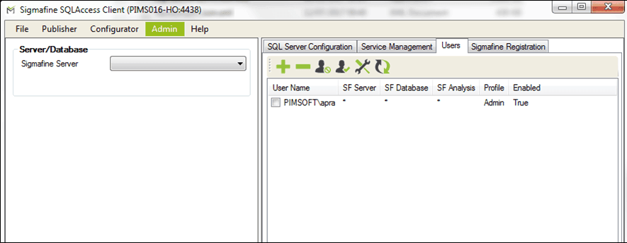 Figure 1232: Sigmafine SQLAccess Client window - Initial Window's User