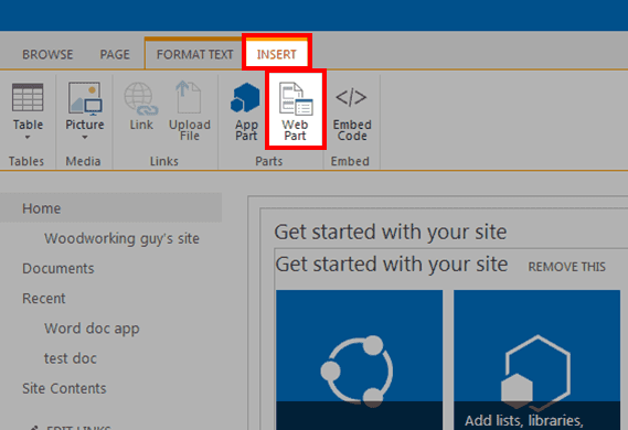 Figure 1815: Editing page options - Insert, Web Part