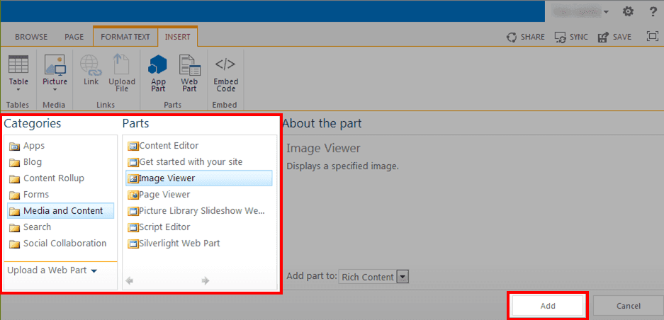 Figure 1816: Categories and Parts list panel