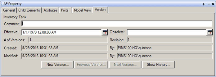 Figure 771: AF Property - Element Properties - Version tab