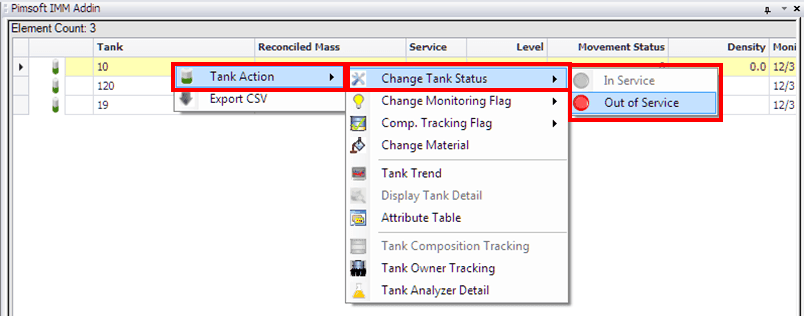 Figure 1622: Change Tank Status options