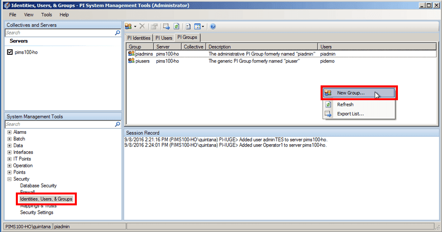 Figure 1758: PI System Management Tools console - Identities, Users, &amp; Groups