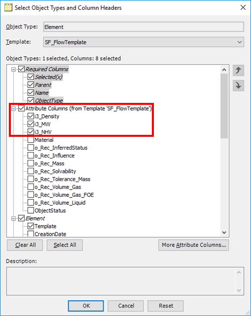 Figure 119: PI Builder - Select Object Types and Column Headers window with added Attributes