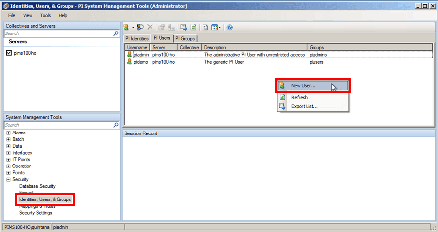 Figure 1756: PI System Management Tools console - Identities, Users, &amp; Groups