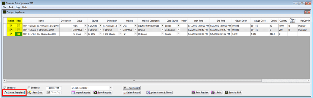 Figure 1801: Pumper Log Form - Create Transfers