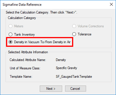 Figure 572: Sigmafine Data Reference - Density in Vacuum To/From Density in Air