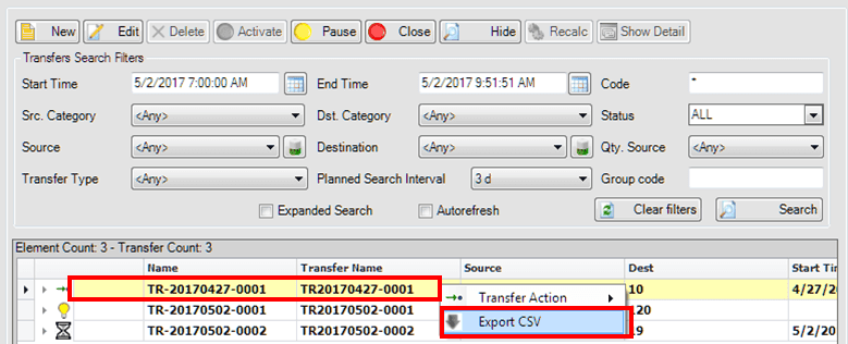Figure 1611: Export Transfer List to .csv file