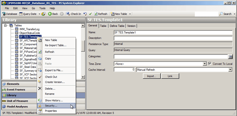 Figure 1773: System Explorer - Tables, SF.TES.Template1, Security