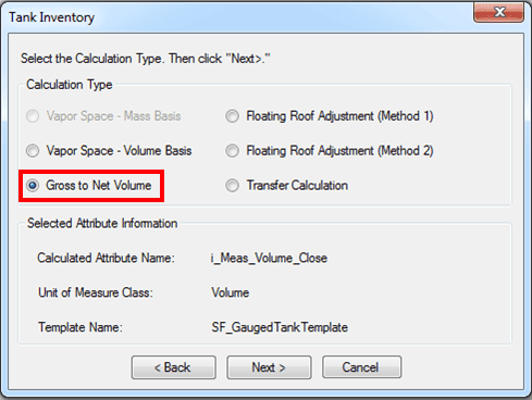 Figure 540: Tank Inventory window - Gross to Net Volume