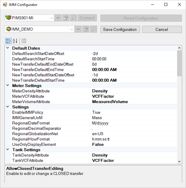 IMM Configurator window - populated with configuration data