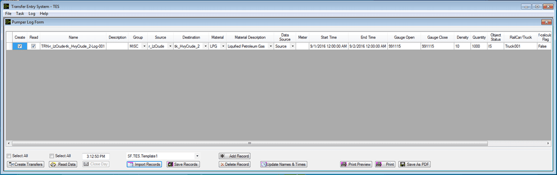 Figure 1797: Pumper Log displaying imported Transfer records