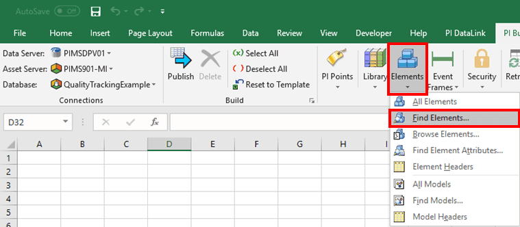 Figure 1326: Excel file - PI AF Builder tab - Elements - Find Elements