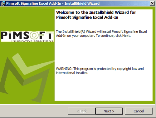 Figure 669: Sigmafine Excel Add-In Welcome window