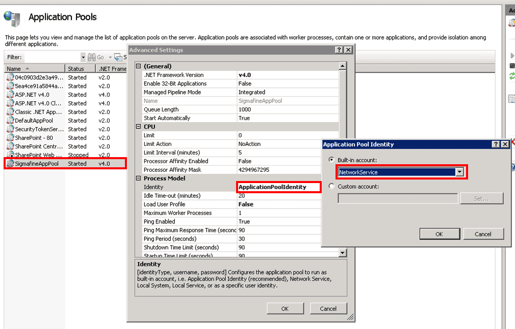 Figure 1808: Application Pools, Advanced Settings, Identity Settings