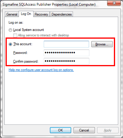 Figure 1234: Sigmafine SQLAccess Publisher Properties window