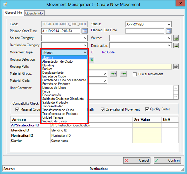Movement Management window