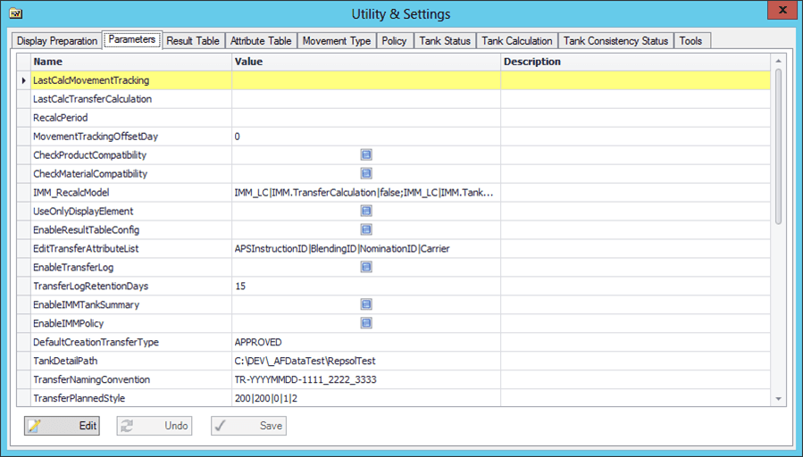 Figure 1671: Utility &amp; Settings window - Parameters tab