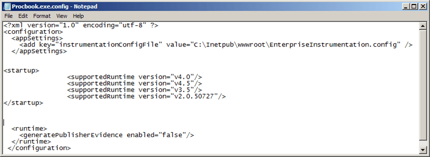 Figure 1056: Procbook.exe.config file open in Notepad