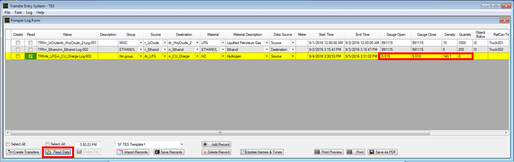 Figure 1800: Pumper Log - Select Read option
