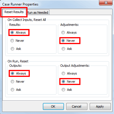 Figure 28: Case Runner Properties - Reset Results tab