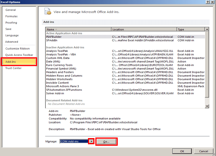 Figure 20: Excel - File - Options, Add-ins
