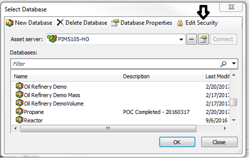 Figure 23: Select Database window - Edit Security