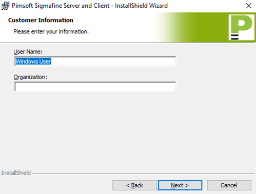 Figure 5: Sigmafine Server and Client Install - Customer Information window