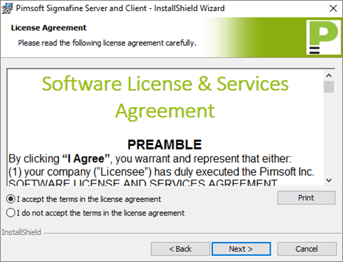 Figure 4: Sigmafine Server and Client Install - License Agreement window