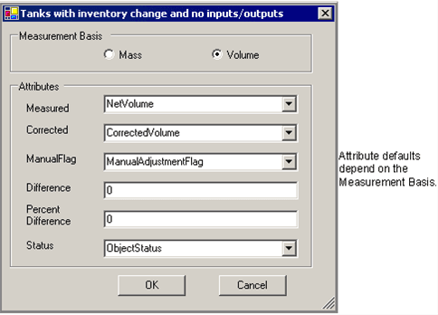 Figure 380: Tanks with inventory change and no inputs/outputs - Attributes window
