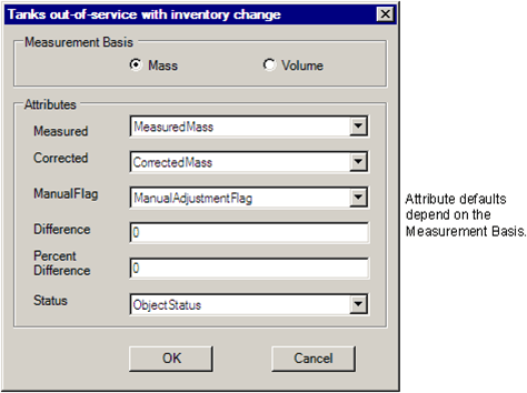 Figure 388: Tanks set out-of-service with inventory change between cases - Attributes window
