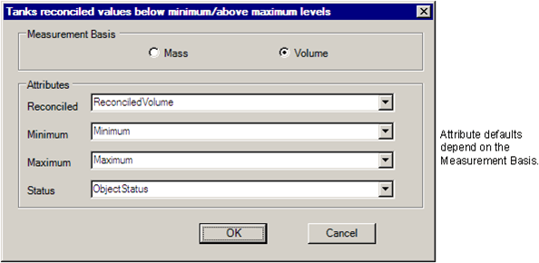 Figure 429: Tanks with reconciled values below minimum or above maximum - Attributes window