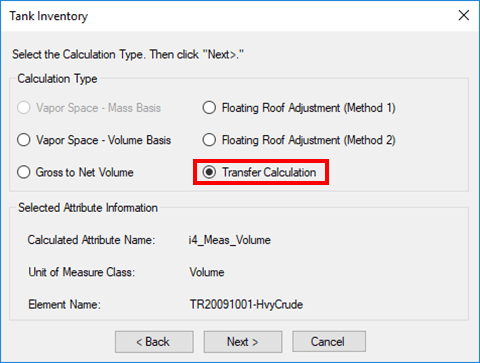 Figure 555: Tank Inventory window - Transfer Calculation