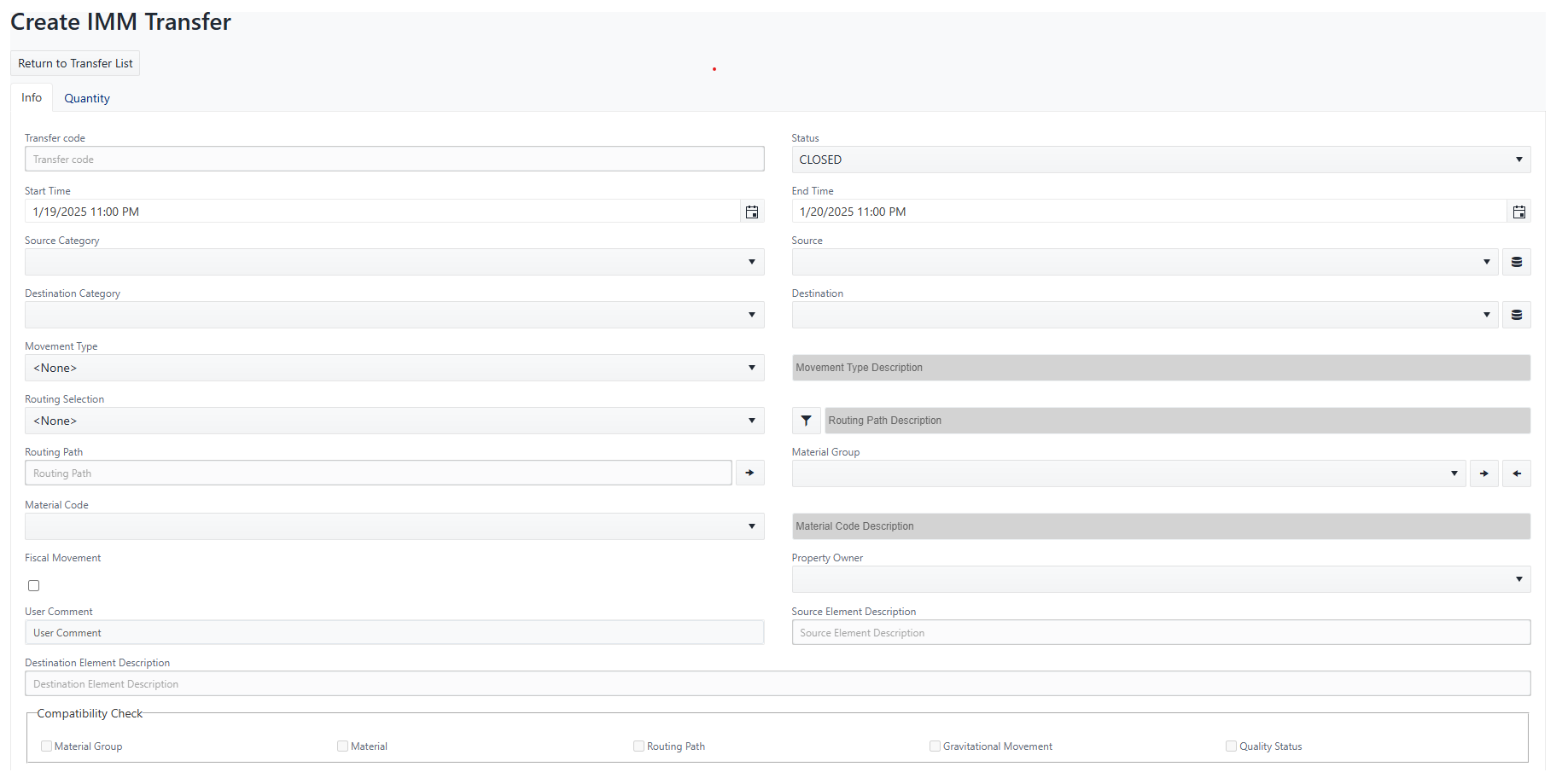 Create Transfer Page