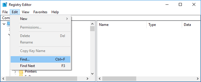 Figure 35: Windows Registry Editor window - Edit, Find option