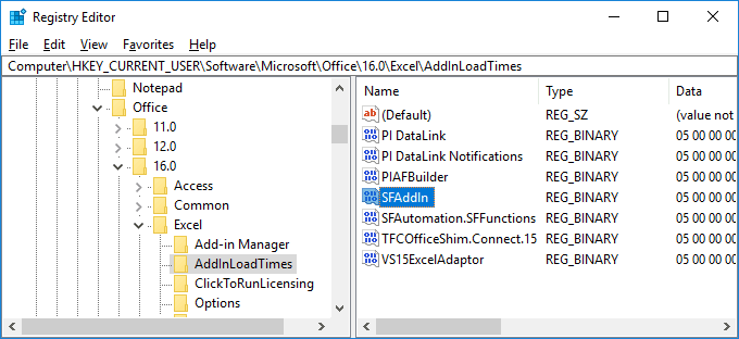 Figure 37: Windows Registry Editor - instance of SFAddIn key