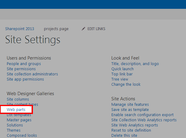 Figure 1814: Site Settings page, Web Designer Galleries, Web parts