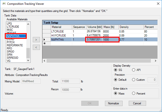 Figure 325: Composition Tracking Viewer - Enter Mass / Volume values or percentages
