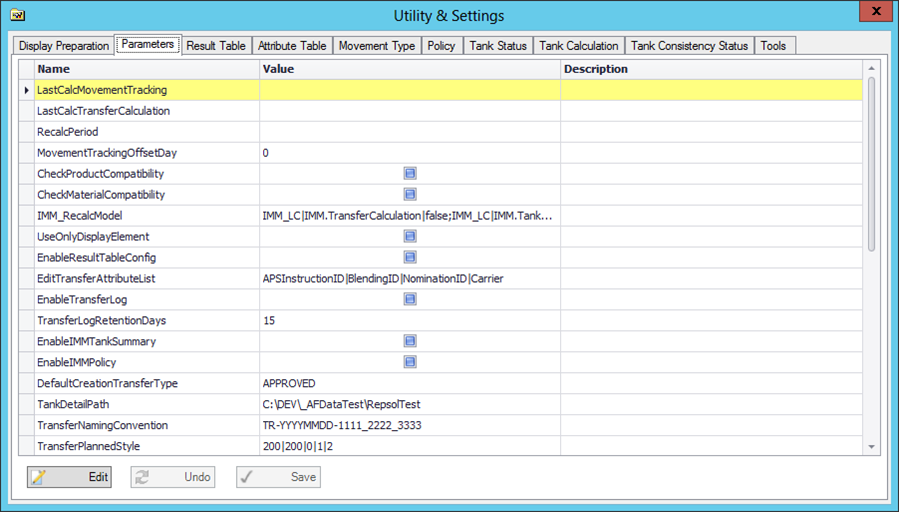 Figure 1632: Utility &amp; Settings window - Parameters tab