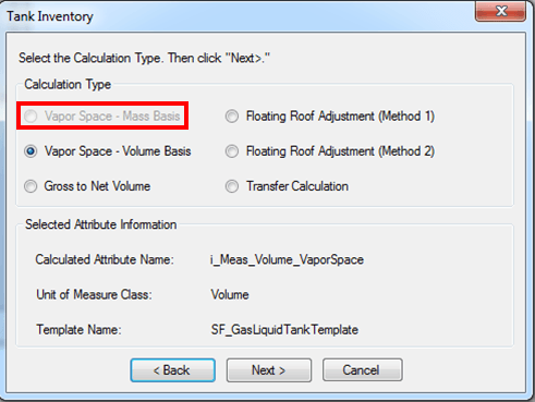 Figure 530: Tank Inventory window - Vapor Space - Mass Basis
