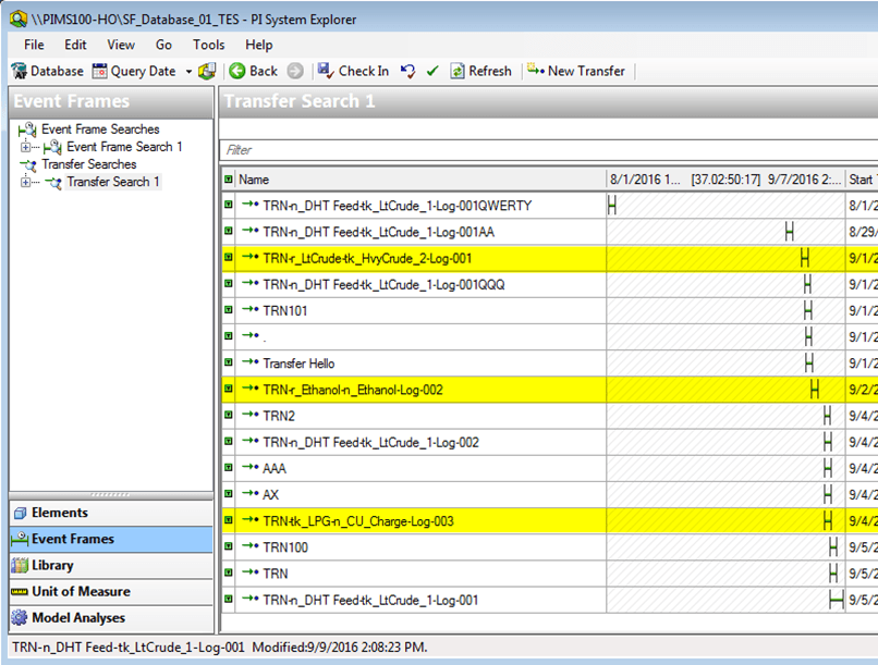 Figure 1838: System Explorer - Event Frames - Search for Transfers